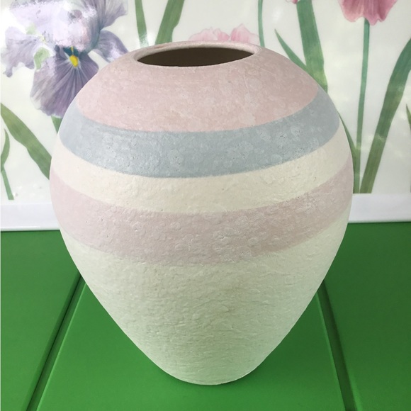 CERAMIC VASE 7” tall. Cream color with pale, pink, pale, blue stripes - Picture 1 of 8